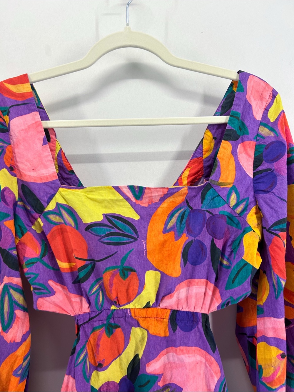 Farm Rio Vibrant Purple Long Sleeve Poplin Cotton Cut Out Mini Dress Fruit Print - Picture 4 of 11